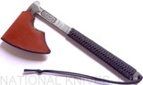 RMJ Tactical Custom Raven tomahawk - shown in sheath reverse.  80CRV2 steel plain edge head.  Black cord-wrapped handle.
For reference only.