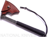 RMJ Tactical Custom Raven tomahawk - shown in sheath obverse.  80CRV2 steel plain edge head.  Black cord-wrapped handle.
For reference only.
