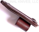 RMJ Tactical Custom Raven tomahawk - leather belt loop shown side view.  80CRV2 steel plain edge head.  Black cord-wrapped handle.
For reference only.