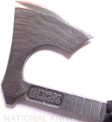 RMJ Tactical Custom Raven tomahawk - shown close up of head out of sheath obverse.  80CRV2 steel plain edge head.  Black cord-wrapped handle.
For reference only.