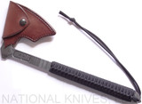 RMJ Tactical Custom Raven tomahawk - shown in sheath obverse.  80CRV2 steel plain edge head.  Black cord-wrapped handle.
For reference only.
