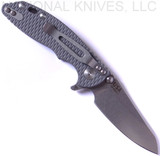 Rick Hinderer Knives Skinny XM-18 3.0" Sheepsfoot folding knife with thumb stud and flipper tab - shown open pocket clip side.  Stonewash 20CV stainless steel plain edge blade.  Grey G-10 handle with stonewash lock.  Model K1101SSGS00.