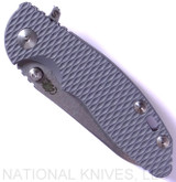 Rick Hinderer Knives Skinny XM-18 3.0" Sheepsfoot folding knife with thumb stud and flipper tab - shown closed presentation side.  Stonewash 20CV stainless steel plain edge blade.  Grey G-10 handle with stonewash lock.  Model K1101SSGS00.