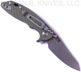 Rick Hinderer Knives Skinny XM-18 3.0" Sheepsfoot folding knife with thumb stud and flipper tab - shown open pocket clip side.  Stonewash 20CV stainless steel plain edge blade.  OD green G-10 handle with stonewash lock.  Model K1101SSGS00.