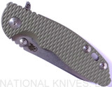 Rick Hinderer Knives Skinny XM-18 3.0" Sheepsfoot folding knife with thumb stud and flipper tab - shown closed presentation side.  Stonewash 20CV stainless steel plain edge blade.  OD green G-10 handle with stonewash lock.  Model K1101SSGS00.