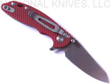 Rick Hinderer Knives Skinny XM-18 3.0" Sheepsfoot folding knife with thumb stud and flipper tab - shown open pocket clip side.  Stonewash 20CV stainless steel plain edge blade.  Red G-10 handle with stonewash lock.  Model K1101SSGS00.