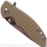 Rick Hinderer Knives Skinny XM-18 Slicer folding knife with thumb studs and flipper tab - shown closed presentation side.  Stonewash 20CV stainless steel plain edge blade.  OD green G-10 handle with stonewash lock.  Model K1011SSGS00.