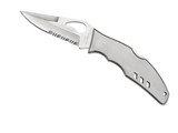 Byrd Knives Flight folding knife with thumb slot - shown open presentation side.  Satin 8Cr13MoV stainless steel combo edge blade.  Stainless steel handle.  Model BY05PS.
For reference only.