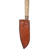 Condor Tool and Knife Kondoru Santoku kitchen knife - shown in sheath obverse.  1095 HC steel plain edge blade.  Wood handle.  Model CTK5000-6.5.