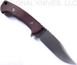Rick Hinderer Knives The Ranch Bowie fixed blade knife - shown out of sheath obverse.  Stonewash 3V steel plain edge blade.  Burgundy Micarta handle.  Model K605RS000. 
