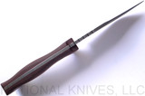 Rick Hinderer Knives The Ranch Bowie fixed blade knife - shown out of sheath top view.  Stonewash 3V steel plain edge blade.  Burgundy Micarta handle.  Model K605RS000. 