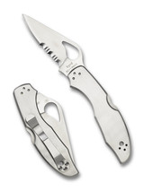 Byrd Knives Meadowlark 2 folding knife with thumb slot - shown both open presentation side and closed pocket clip side. Satin 8Cr13MoV stainless steel combo edge blade. Stainless steel handle. Model BY04PS2.
Byrd Knives Meadowlark 2 folding knife with thumb slot - shown both open presentation side and closed pocket clip side. Satin 8Cr13MoV stainless steel combo edge blade. Stainless steel handle. Model BY04PS2.