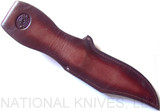 Rick Hinderer Knives Vintage Series The Ranch Bowie fixed blade knife - brown leather sheath only shown reverse.  Black O-1 steel plain edge blade.  Wood handle.  Model K605RS0VT. 
For reference only.