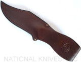 Rick Hinderer Knives The Ranch Bowie fixed blade knife - brown leather sheath only reverse.  Battle Black CPM-3V steel plain edge blade.  Natural Micarta handle.  Model KRANBOW3V.