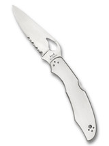 Byrd Knives Cara Cara 2 folding knife with thumb slot - shown open presentation side.  Satin 8Cr13MoV stainless steel combo edge blade.  Stainless steel handle.  Model BY03PS2.