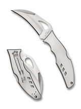 Byrd Knives Crossbill folding knife with thumb slot - shown both open presentation side and closed pocket clip side.  Satin 8Cr13MoV stainless steel plain edge blade.  Stainless steel handle.  BY07P.