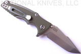 Rick Hinderer Knives Eklipse 3.0" Harpoon Spanto folding knife with thumb stud and flipper tab - shown open pocket clip side.  Stonewash S35VN stainless steel plain edge blade.  OD green G-10 handle with stonewash titanium.  Model K40441SGS00.