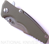 Rick Hinderer Knives Eklipse 3.0" Harpoon Spanto folding knife with thumb stud and flipper tab - shown closed presentation side.  Stonewash S35VN stainless steel plain edge blade.  OD green G-10 handle with stonewash titanium.  Model K40441SGS00.