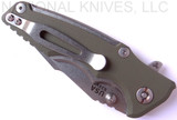 Rick Hinderer Knives Eklipse 3.0" Harpoon Spanto folding knife with thumb stud and flipper tab - shown closed pocket clip side.  Stonewash S35VN stainless steel plain edge blade.  OD green G-10 handle with stonewash titanium.  Model K40441SGS00.