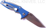 Rick Hinderer Knives Eklipse 3.0" Harpoon Spanto folding knife with thumb stud and flipper tab - shown open pocket clip side.  Stonewash S35VN stainless steel plain edge blade.  Blue G-10 handle with stonewash titanium.  Model K40441SGS00.