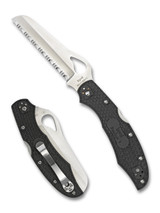 Byrd Knives Cara Cara 2 Rescue folding knife with thumb slot - shown both open presentation side and closed pocket clip side. Satin 8Cr13MoV stainless steel serrated edge blade. Black G-10 handle. Model BY17SBK2.
Byrd Knives Cara Cara 2 Rescue folding knife with thumb slot - shown both open presentation side and closed pocket clip side. Satin 8Cr13MoV stainless steel serrated edge blade. Black G-10 handle. Model BY17SBK2.