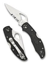 Byrd Knives Meadowlark 2 folding knife with thumb slot - shown both open presentation side and closed pocket clip side. Satin 8Cr13MoV stainless steel combo edge blade. Black FRN handle. Model BY04PSBK2. Byrd Knives Meadowlark 2 folding knife with thumb slot - shown both open presentation side and closed pocket clip side. Satin 8Cr13MoV stainless steel combo edge blade. Black FRN handle. Model BY04PSBK2.