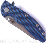 Rick Hinderer Knives Skinny XM-18 3.5" Sheepsfoot folding knife with thumb stud and flipper tab - shown closed presentation side.  Stonewash 20CV stainless steel plain edge blade.  Blue - black G-10 handle with stonewash lock side.  Model K2525SGS00.
