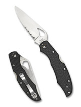 Byrd Knives Cara Cara 2 folding knife with thumb slot - shown both open presentation side and closed pocket clip side.  Satin 8Cr13MoV stainless steel combo edge blade.  Black FRN handle.  Model BY03PSBK2.