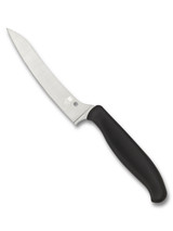 Spyderco Culinary Z-Cut kitchen knife - obverse shown. Satin CTS-BD1N stainless steel plain edge blade. Black polypropylene handle. Model K14PBK. Spyderco Culinary Z-Cut kitchen knife - obverse shown. Satin CTS-BD1N stainless steel plain edge blade. Black polypropylene handle. Model K14PBK.