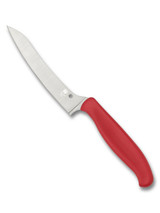 Spyderco Culinary Z-Cut kitchen knife - obverse shown. Satin CTS-BD1N stainless steel plain edge blade. Red polypropylene handle. Model K14PRD. Spyderco Culinary Z-Cut kitchen knife - obverse shown. Satin CTS-BD1N stainless steel plain edge blade. Red polypropylene handle. Model K14PRD.