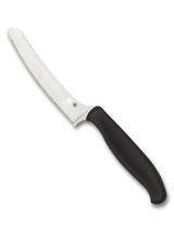 Spyderco Culinary Z-Cut Blunt Tip kitchen knife - obverse shown.  Satin CTS-BD1N stainless steel serrated edge blade.  Black polypropylene handle.  Model K13SBK.