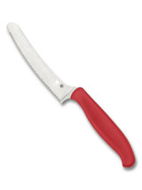 Spyderco Culinary Z-Cut Blunt Tip kitchen knife - obverse shown. Satin CTS-BD1N stainless steel serrated edge blade. Red polypropylene handle. Model K13SRD. Spyderco Culinary Z-Cut Blunt Tip kitchen knife - obverse shown. Satin CTS-BD1N stainless steel serrated edge blade. Red polypropylene handle. Model K13SRD.