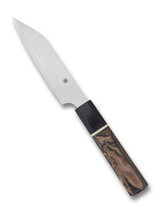 Spyderco Culinary Murray Carter Itamae Petty kitchen knife - obverse shown.  Satin Super Blue and SUS 410 laminate steel plain edge blade.  Black and brown burl G-10 handle.  Model K15GPBNBK.