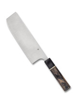 Spyderco Culinary Murray Carter Itamae Nakiri kitchen knife - obverse shown. Satin Super Blue and SUS 410 laminate steel plain edge blade. Black and brown burl G-10 handle. Model K17GPBNBK. Spyderco Culinary Murray Carter Itamae Nakiri kitchen knife - obverse shown. Satin Super Blue and SUS 410 laminate steel plain edge blade. Black and brown burl G-10 handle. Model K17GPBNBK.