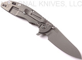 Rick Hinderer Knives Skinny XM-18 3.5" Sheepsfoot folding knife with thumb stud and flipper tab - shown open lock side.  Working Finish 20CV stainless steel plain edge blade.  OD green G-10 handle with Working Finish lock side.  Model K2525SGS00.