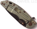 Rick Hinderer Knives Vintage Series XM-18 3.0" Spear Point folding knife with thumb studs and flipper tab - shown closed lock side.  Black O-1 steel plain edge blade.  Textured Walnut handle with Battle Green lock side.  Model K1081S0VT-TX.
For reference only.