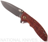 Rick Hinderer Knives Vintage Series XM-18 3.0" Spear Point folding knife with thumb studs and flipper tab - shown open presentation side.  Black O-1 steel plain edge blade.  Smooth Walnut handle with Battle Green lock side.  Model K1081S0VT-SM.
For reference only.