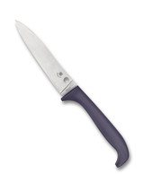 Spyderco Culinary Counter Puppy kitchen knife - presentation side shown.  Satin 7Cr17 stainless steel plain edge blade.  Purple polypropylene handle.  Model K20PPR.