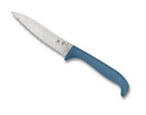 Spyderco Culinary Counter Puppy kitchen knife - presentation side shown. Satin 7Cr17 stainless steel serrated edge blade. Blue polypropylene handle. Model K20SBL. Spyderco Culinary Counter Puppy kitchen knife - presentation side shown. Satin 7Cr17 stainless steel serrated edge blade. Blue polypropylene handle. Model K20SBL.