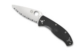Spyderco Tenacious folding knife with thumb hole - shown open presentation side.  Satin 8Cr13MoV stainless steel serrated edge blade.  Black FRN handle.  Model C122SBK.
