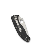Spyderco Tenacious folding knife with thumb hole - shown closed pocket clip side.  Satin 8Cr13MoV stainless steel serrated edge blade.  Black FRN handle.  Model C122SBK.
