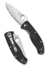 Spyderco Tenacious folding knife with thumb hole - shown open presentation side and closed pocket clip side.  Satin 8Cr13MoV stainless steel serrated edge blade.  Black FRN handle.  Model C122SBK.