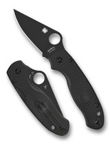 Spyderco Para 3 folding knife with thumb hole - shown open presentation side and closed pocket clip side.  Black CTS-BD1N stainless steel plain edge blade.  Black FRN handle.  Model C223PBBK.