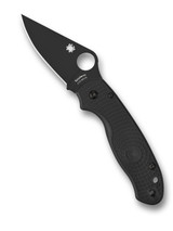 Spyderco Para 3 folding knife with thumb hole - shown open presentation side.  Black CTS-BD1N stainless steel plain edge blade.  Black FRN handle.  Model C223PBBK.