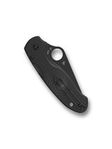 Spyderco Para 3 folding knife with thumb hole - shown closed pocket clip side.  Black CTS-BD1N stainless steel plain edge blade.  Black FRN handle.  Model C223PBBK.