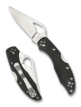 Byrd Knives Meadowlark 2 folding knife with thumb slot - shown both open presentation side and closed pocket clip side. Satin 8Cr13MoV stainless steel plain edge blade. Black G-10 handle. Model BY04GP2.
Byrd Knives Meadowlark 2 folding knife with thumb slot - shown both open presentation side and closed pocket clip side. Satin 8Cr13MoV stainless steel plain edge blade. Black G-10 handle. Model BY04GP2.
