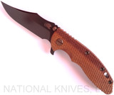 Rick Hinderer Knives Vintage Series XM-18 3.5" Bowie folding knife with thumb stud and flipper tab - shown open presentation side.  Black O-1 steel plain edge blade.  Textured Walnut handle with Battle Green titanium lock side.  Model K2032S0VT.
For reference only.