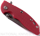 Rick Hinderer Knives XM-18 3.5" Slicer folding knife with thumb stud and flipper tab - shown closed presentation side.  Stonewash 20CV stainless steel plain edge blade.  Red G-10 handle with stonewash titanium lock side.  Model K2012SGS00.