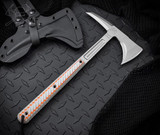 REFERENCE ONLY - RMJ Tactical Explore More Kestrel Feather Tomahawk, 2.937" Forward Edge 1075, Gray and Orange Handle, Sheath