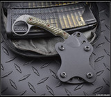 RMJ Tactical Korbin Karambit fixed blade knife - shown in sheath reverse.  Tungsten Cerakote Nitro-V stainless steel plain edge blade.  Dirty Olive G-10 handle.  Model K-KO-TU-DO.